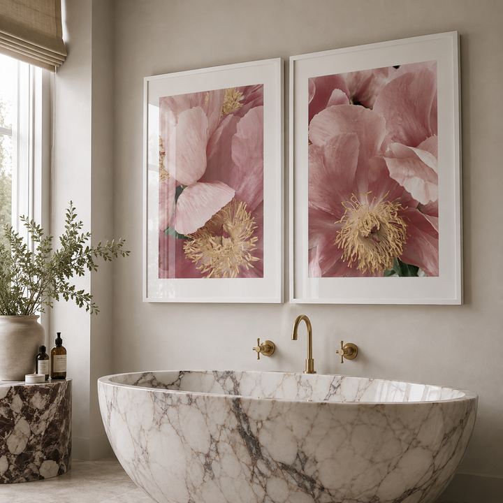 pink garden flower wall art in luxury bathroom with free standing marble bath