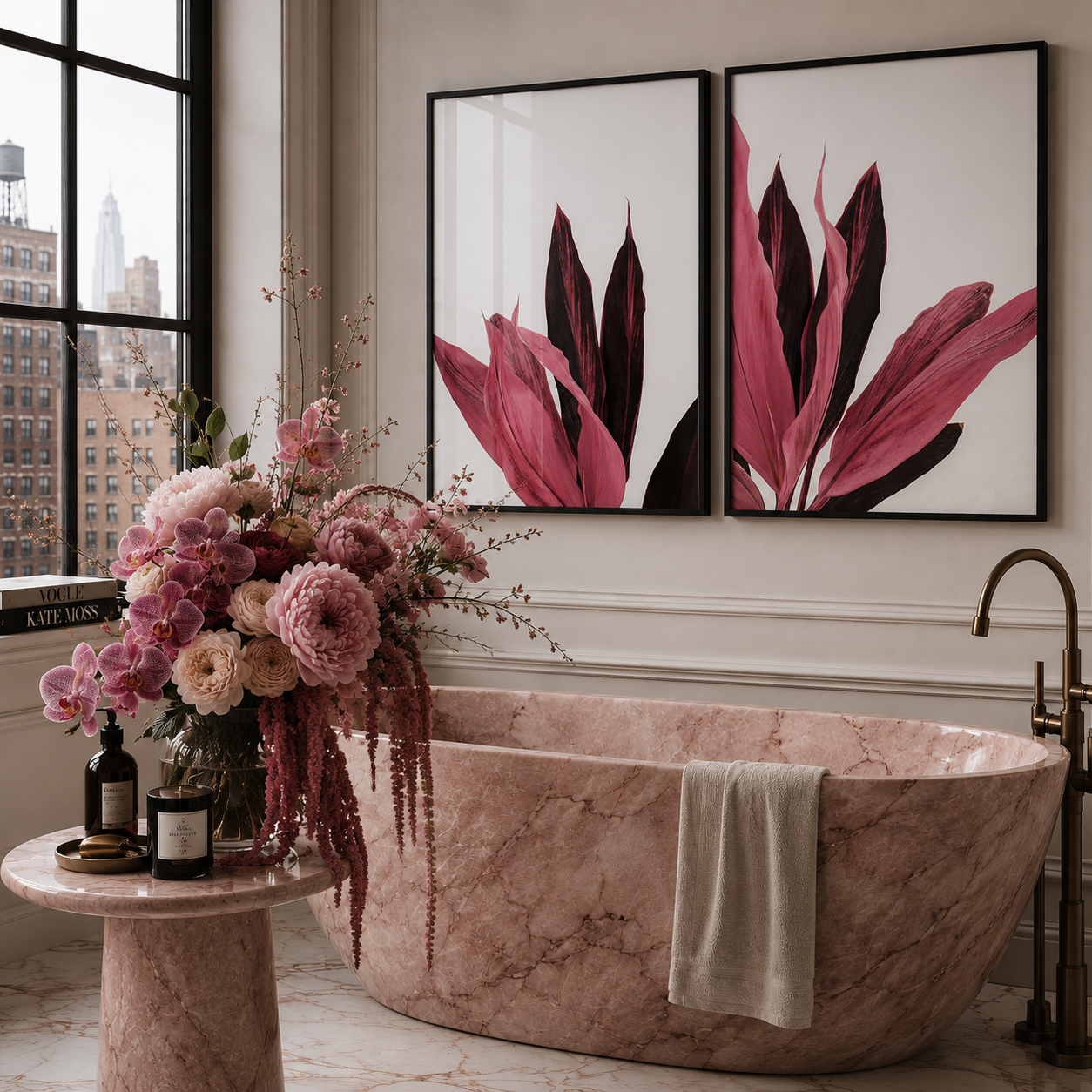 A luxury bathroom scene featuring a freestanding pink marble tub, a matching marble side table with a large pink and purple floral arrangement, and two framed botanical wall art prints above the tub.