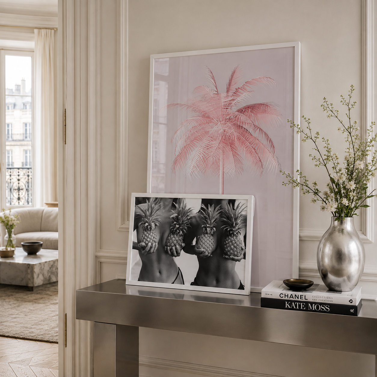 Luxury pink palm tree print in parisian hallway