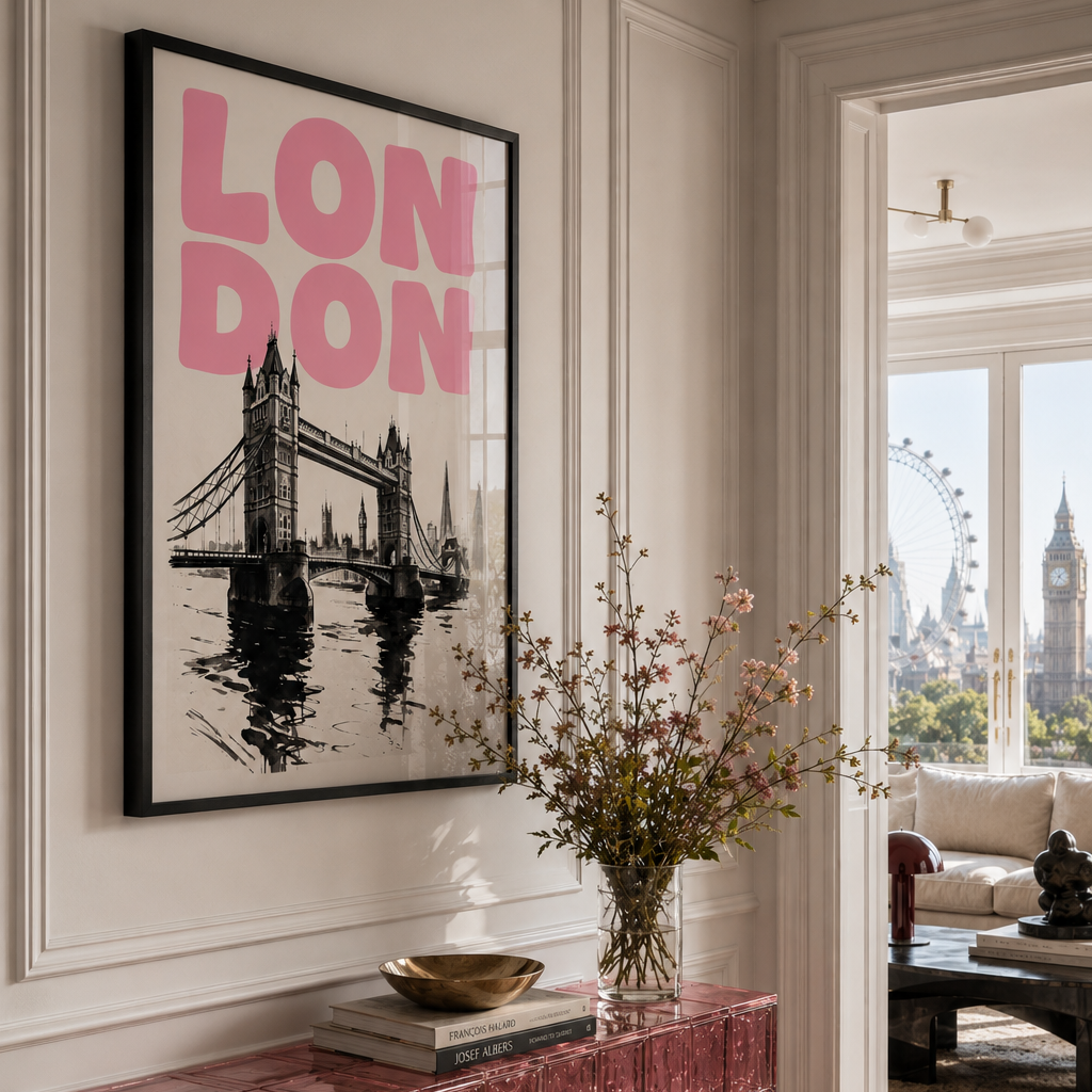 A framed black and white London Tower Bridge poster with bold pink 'LONDON' text hangs on a white paneled wall above a translucent pink glass console table in a bright, elegant room.