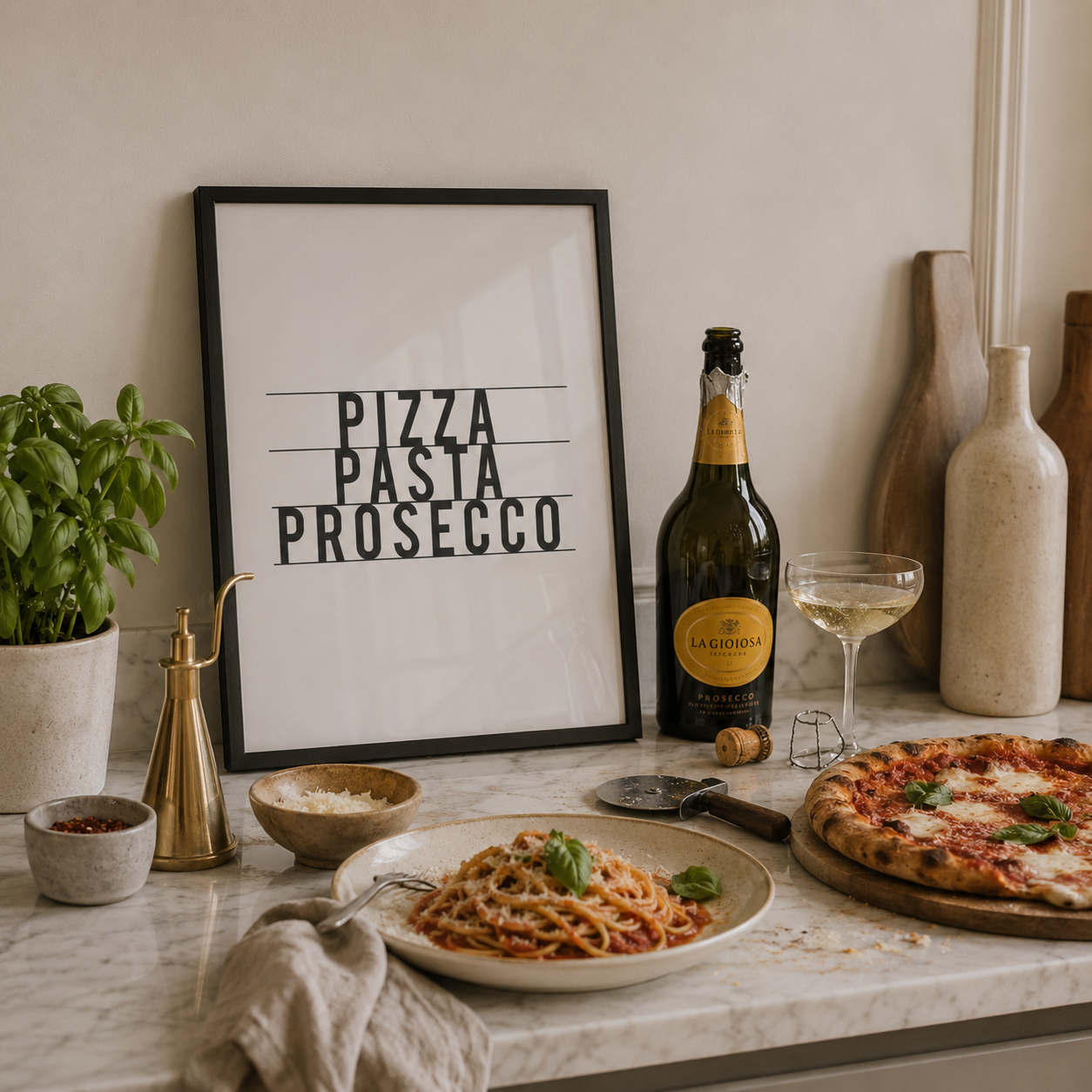 Table setting with pizza, pasta, prosecco, and a framed print on the wall.