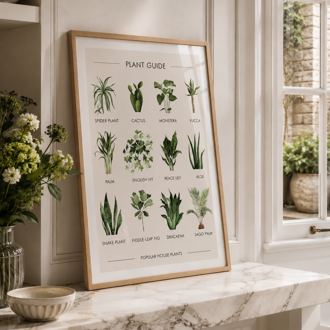 A framed botanical plant guide poster leaning on a marble countertop in a bright kitchen or interior space, with flowers and a window in the background.