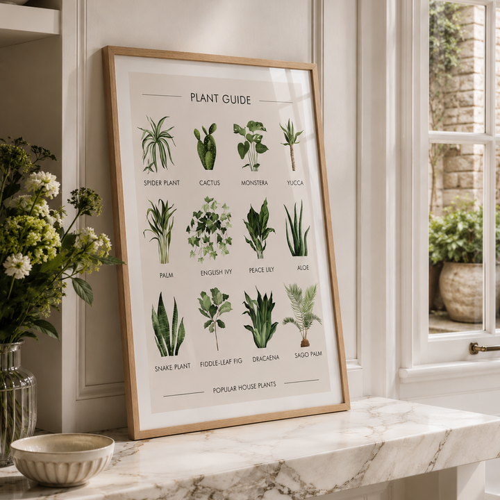 A framed botanical plant guide poster leaning on a marble countertop in a bright kitchen or interior space, with flowers and a window in the background.