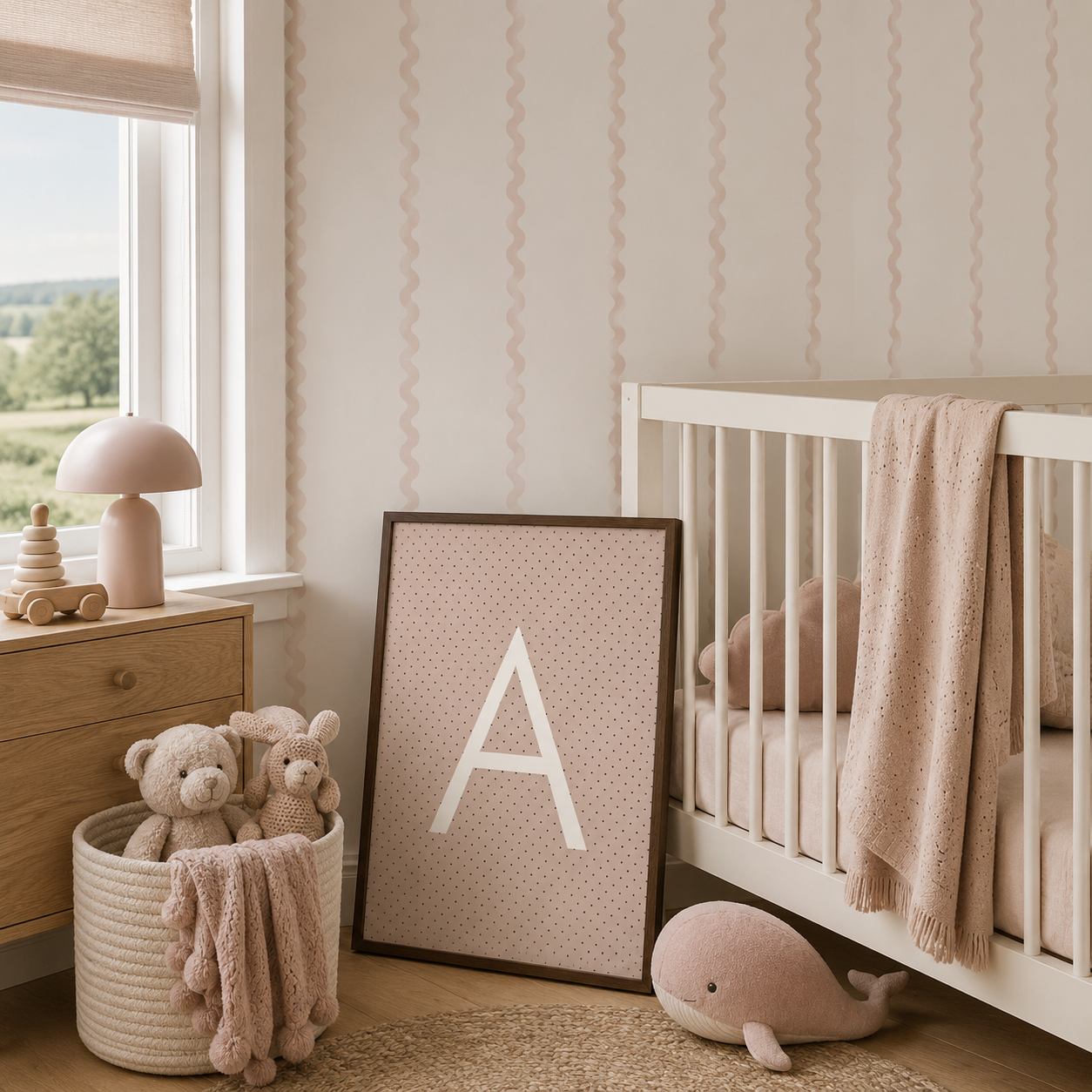 A styled nursery corner featuring a white wooden crib with a beige knit blanket, a framed art print with a large white letter 'A' on a pink dotted background, a basket with stuffed teddy bears and a throw blanket, and a pink whale toy on a rug.