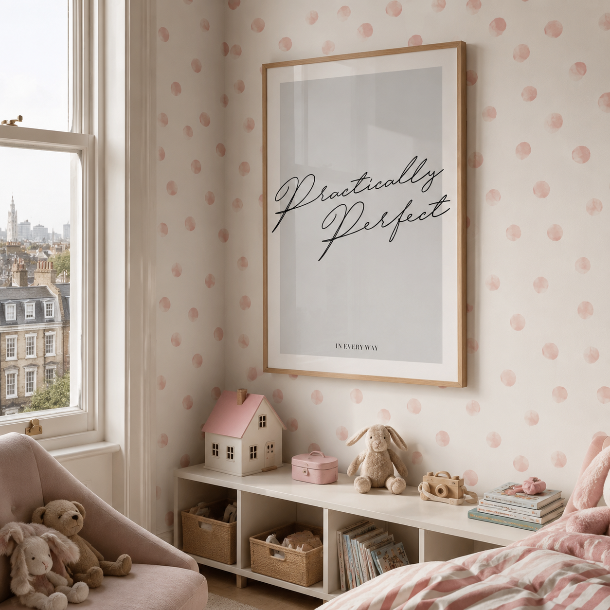 A framed wall art print with the words 'Practically Perfect' in black script on a light background, hung on a pink polka-dot patterned wall in a styled children's bedroom. The room includes a window, a pink armchair, a white shelf with toys and books, and a bed with pink bedding.