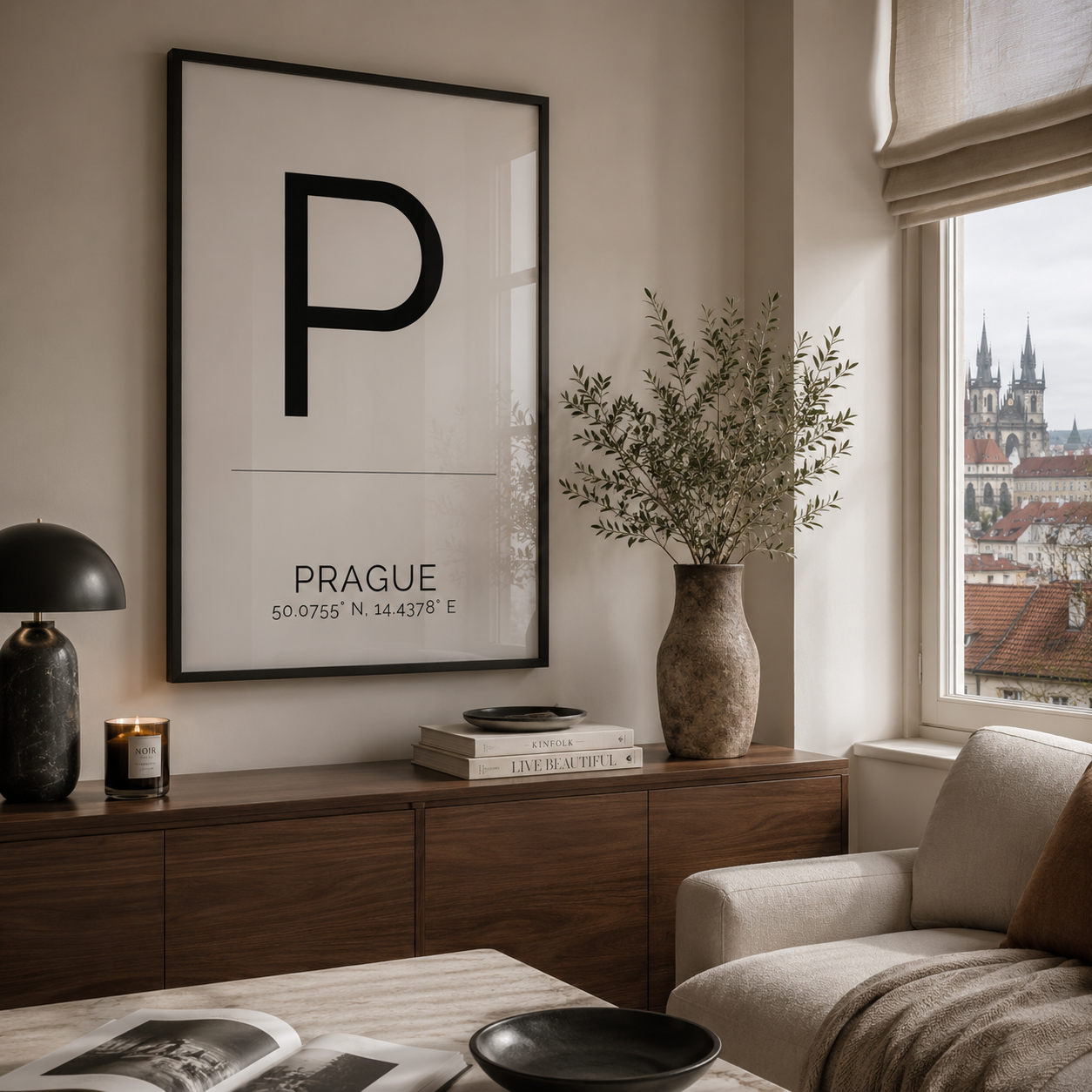 A framed minimalist poster with a large black letter P and the text 'PRAGUE' hangs on a beige wall in a modern living room. The room includes a dark wood console table with a black lamp, books, and a vase with dried branches, next to a window with a view of spires in the distance.
