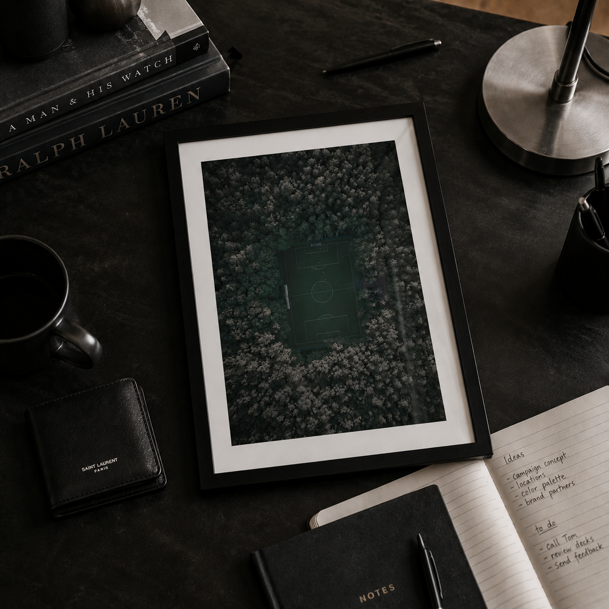 wall art of tropical football pitch in a black frame