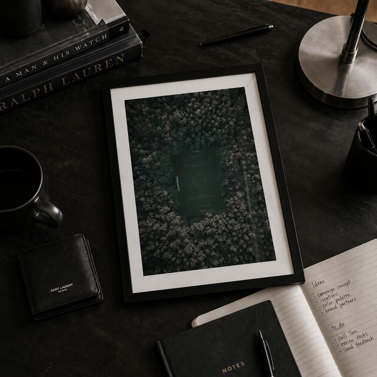 wall art of tropical football pitch in a black frame