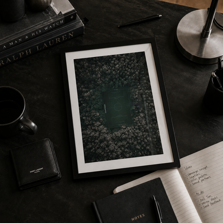 wall art of tropical football pitch in a black frame