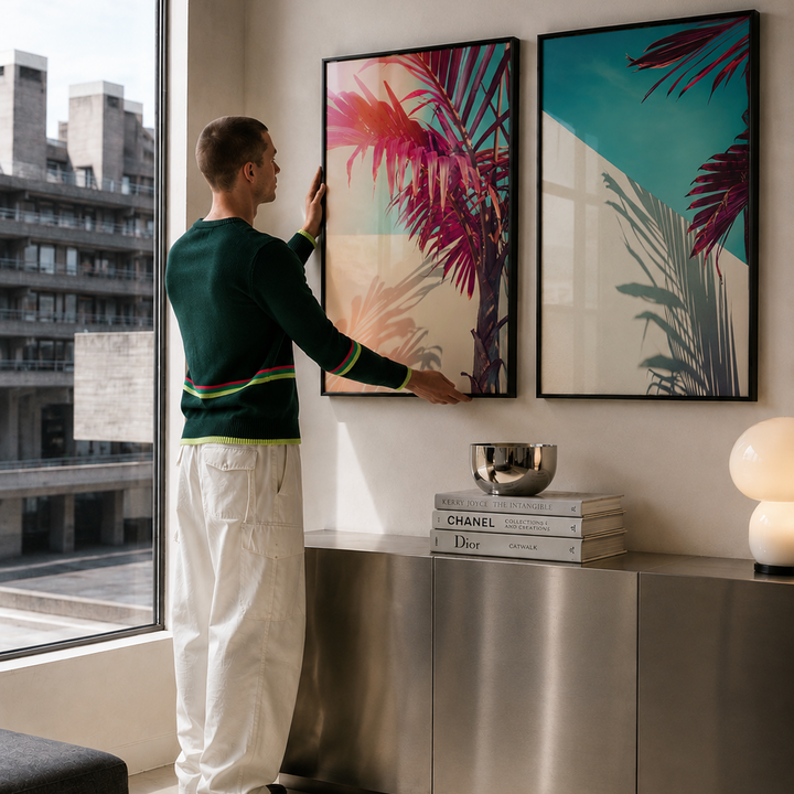 A man in a green sweater and white pants stands in a modern room, touching two framed tropical art prints hanging on a beige wall above a stainless steel cabinet.