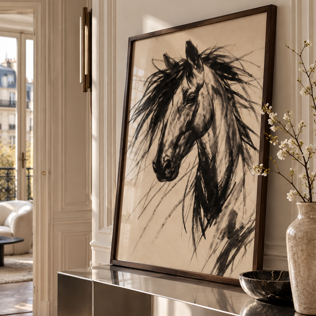 A large framed black and white horse portrait print leaning against a cream wall on a polished metal console table, with a vase of branches beside it in a bright interior setting.