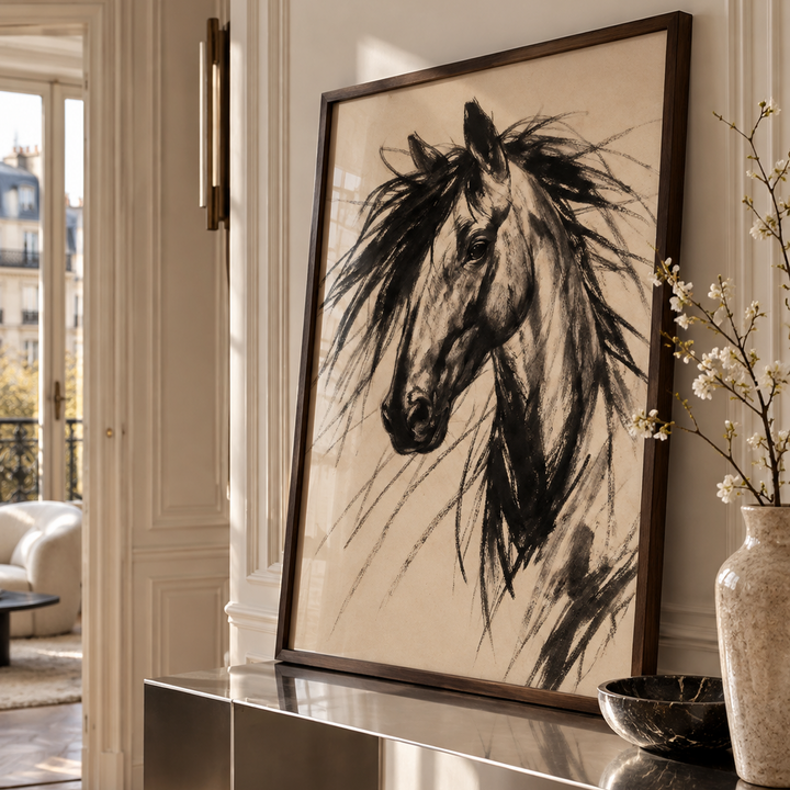 A large framed black and white horse portrait print leaning against a cream wall on a polished metal console table, with a vase of branches beside it in a bright interior setting.
