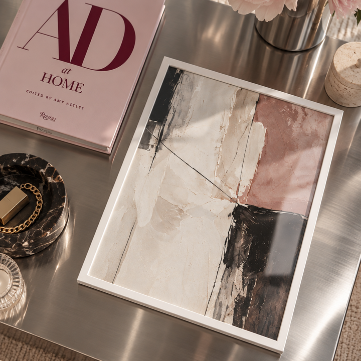 Quiet Harmony abstract art poster featuring textured layers of warm ivory, blush pink and black with expressive brushwork and fine linear details.