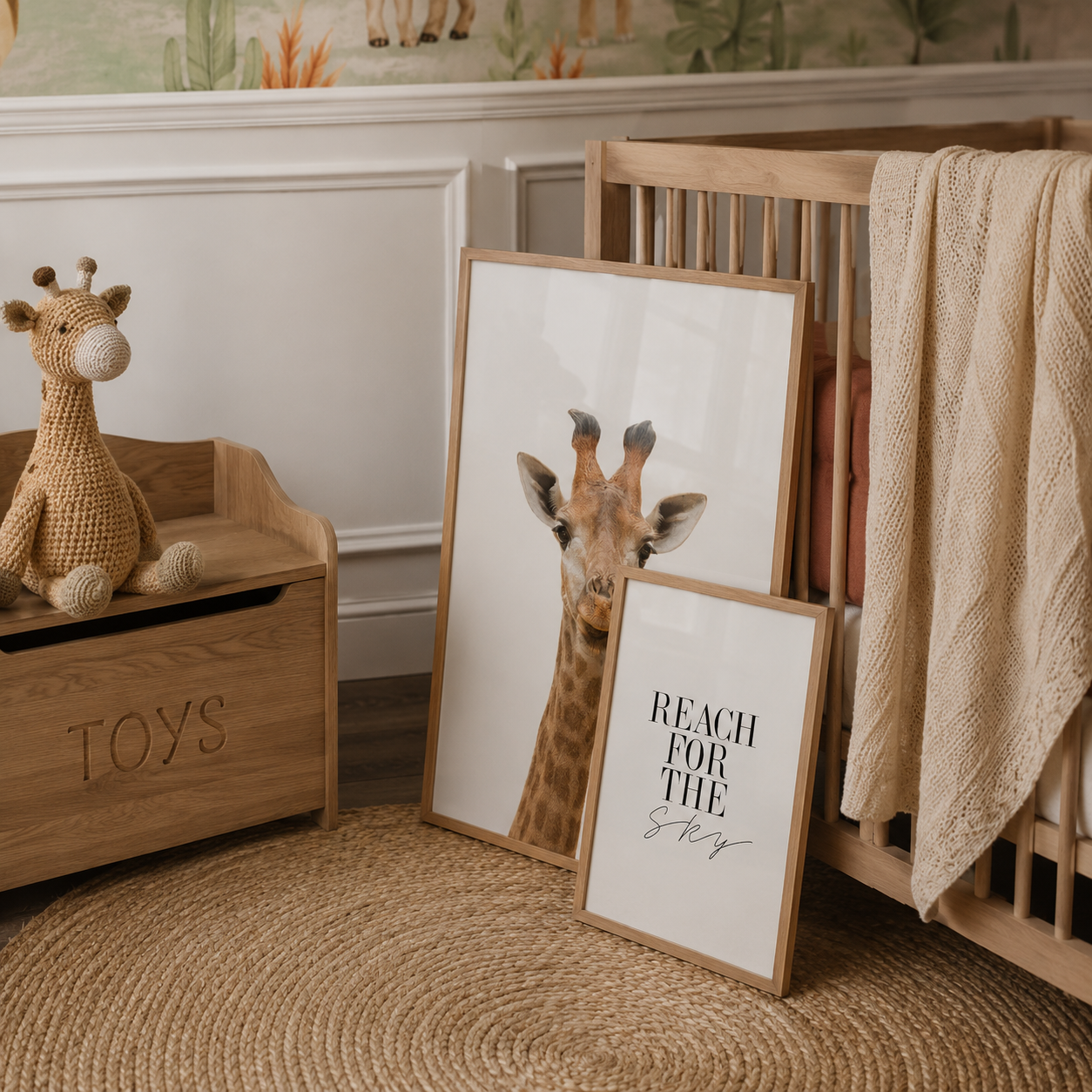 A styled nursery corner with two framed giraffe-themed prints leaning against a wooden crib, alongside a woven rug, a plush giraffe toy, and a cream knit blanket.