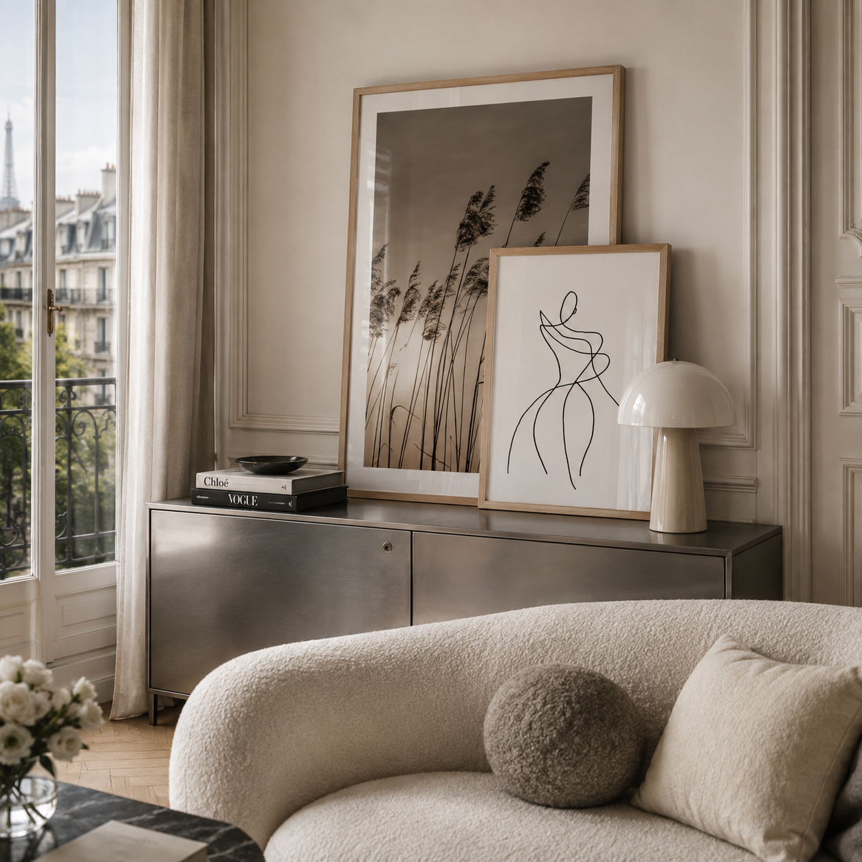 A styled interior scene with two framed wall art prints leaning against a cream sofa and a metallic sideboard. The larger print shows dried grasses in a black-and-white composition, and the smaller print has a minimalist black line drawing.
