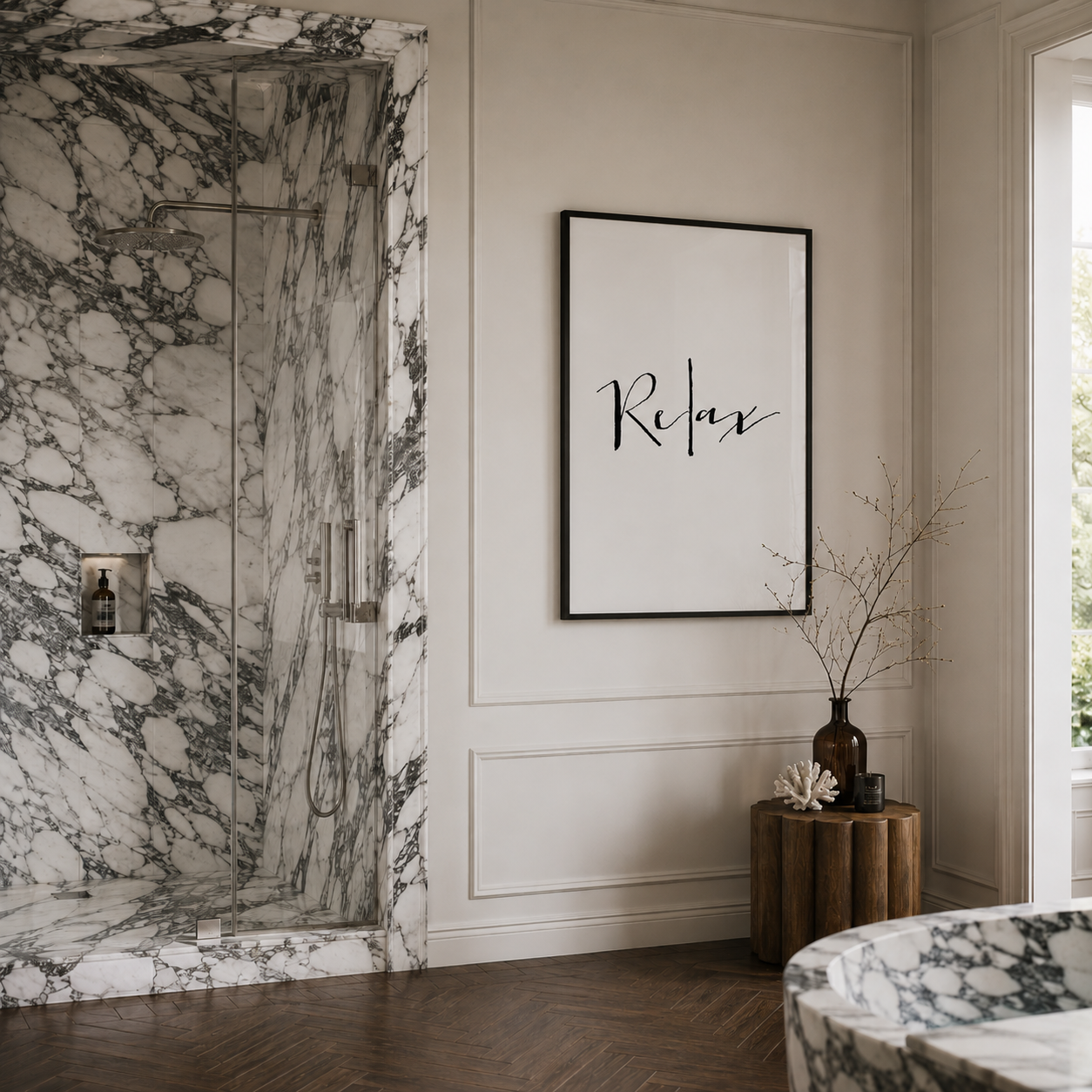 Modern bathroom with marble shower, framed 'Relax' art, and wooden side table.