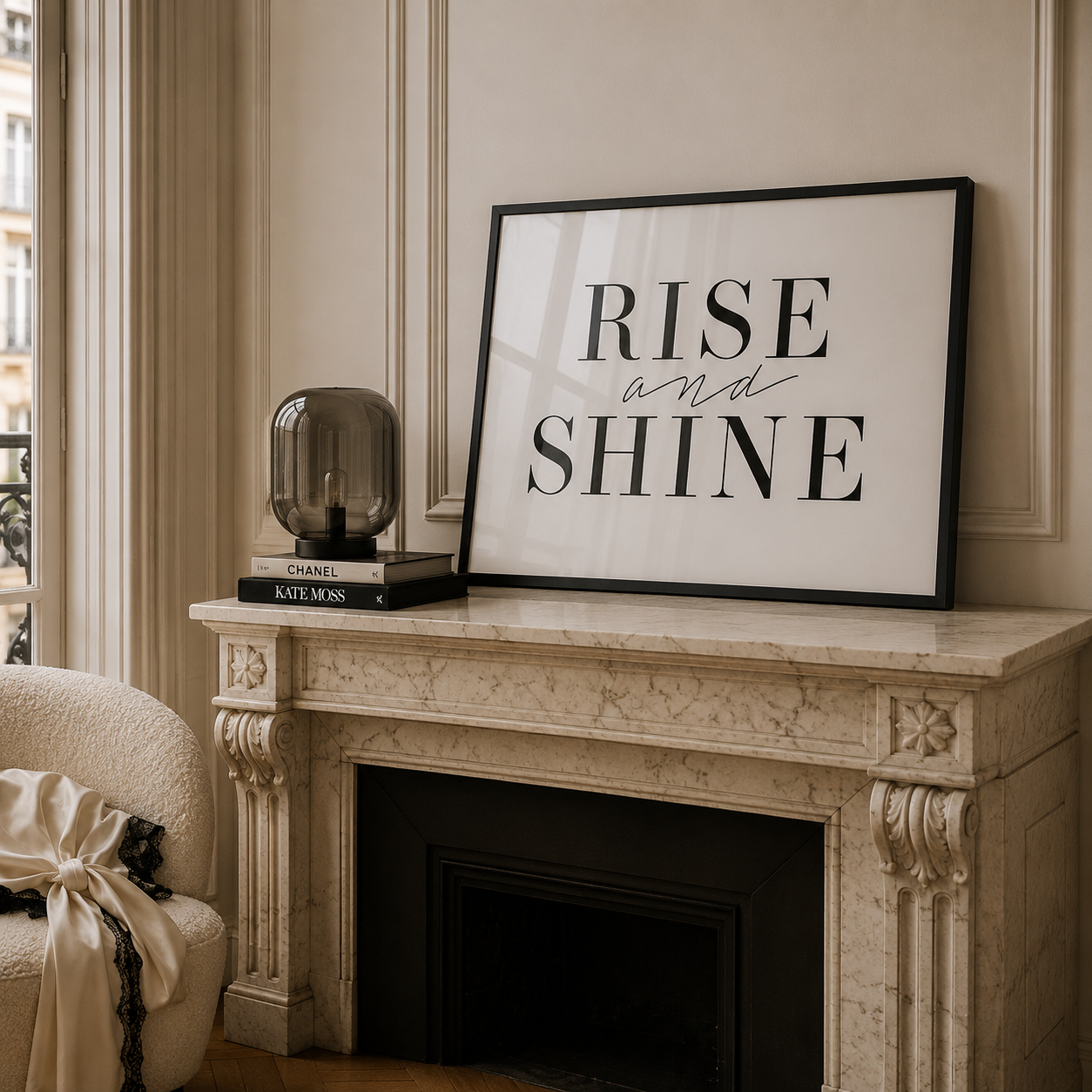 Framed 'Rise and Shine' sign on a marble fireplace mantel with decor items.