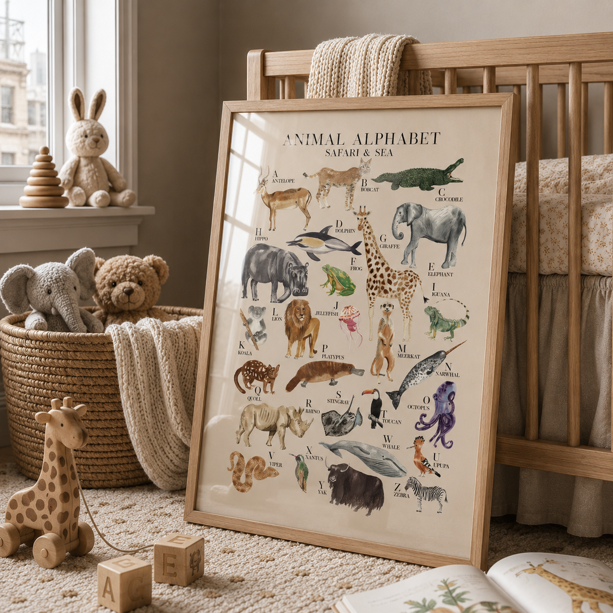 A framed 'Animal Alphabet of Safari & Sea' children's poster leaning against a wooden crib in a styled nursery setting with toys and blankets.