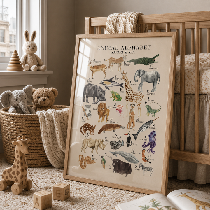 A framed 'Animal Alphabet of Safari & Sea' children's poster leaning against a wooden crib in a styled nursery setting with toys and blankets.