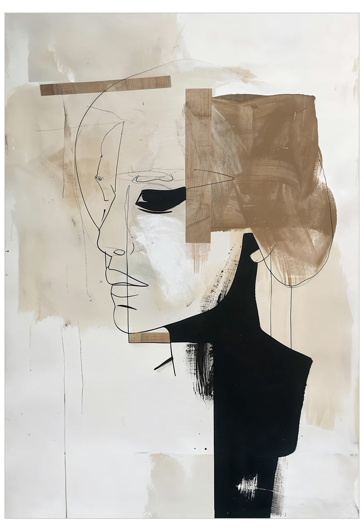 An abstract mixed-media portrait painting featuring a stylized face in profile with black line work, a large black geometric shape, and a brown textured block on a warm off-white background.