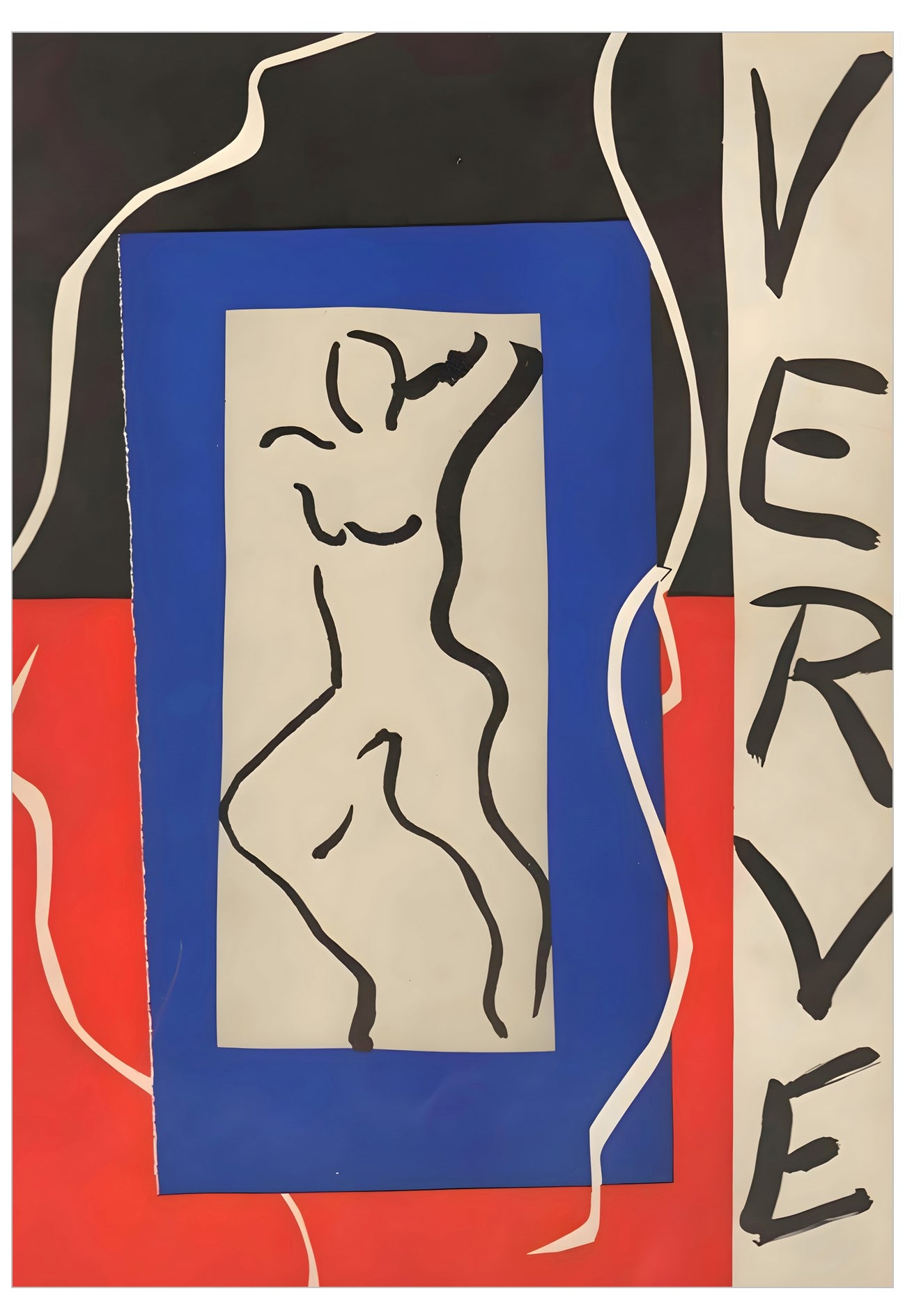 An abstract art print featuring a central blue rectangle with a black line drawing of a nude figure on a cream background, set against a red and black backdrop with white flowing lines and the vertical text 'VERVE' on the right.