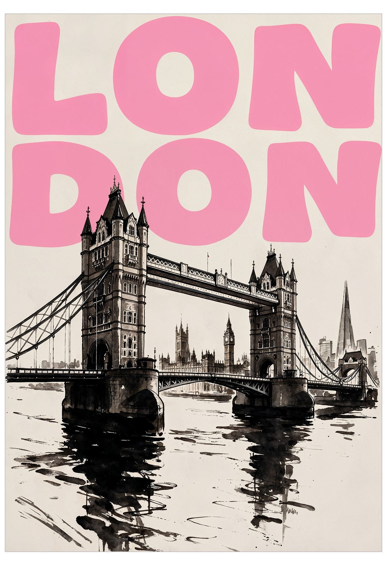 A travel poster for London featuring a black ink illustration of Tower Bridge and the city skyline on a cream background, with the word 'LONDON' in large pink letters at the top.