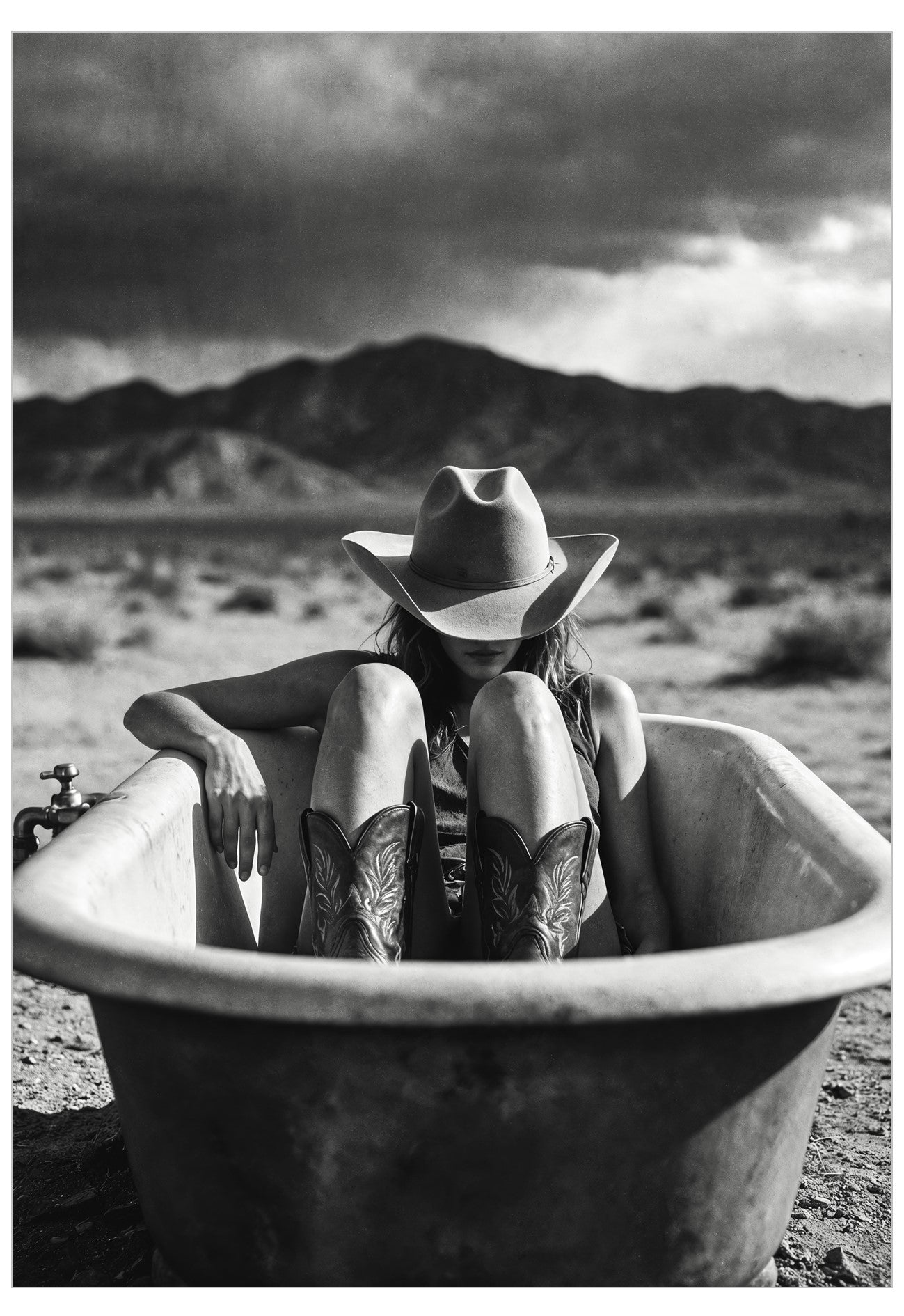Cowgirl in desert bath tub wall art.