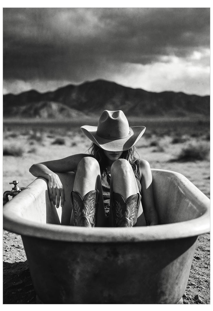 Cowgirl in desert bath tub wall art.