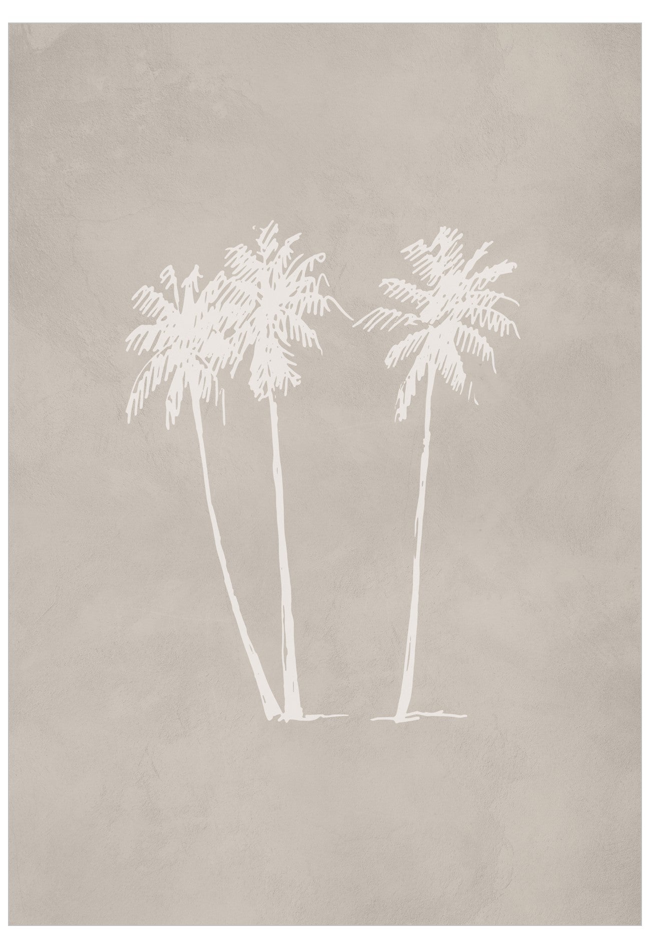 Minimalist wall art print featuring three white palm tree silhouettes on a textured warm gray-beige background.