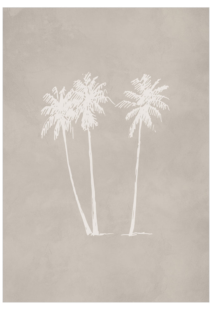 Minimalist wall art print featuring three white palm tree silhouettes on a textured warm gray-beige background.