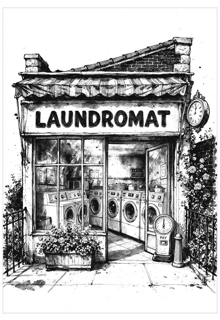 Black and white illustration of a vintage laundromat storefront with washing machines visible through the windows, a awning, potted plants, and a sign reading LAUNDROMAT.