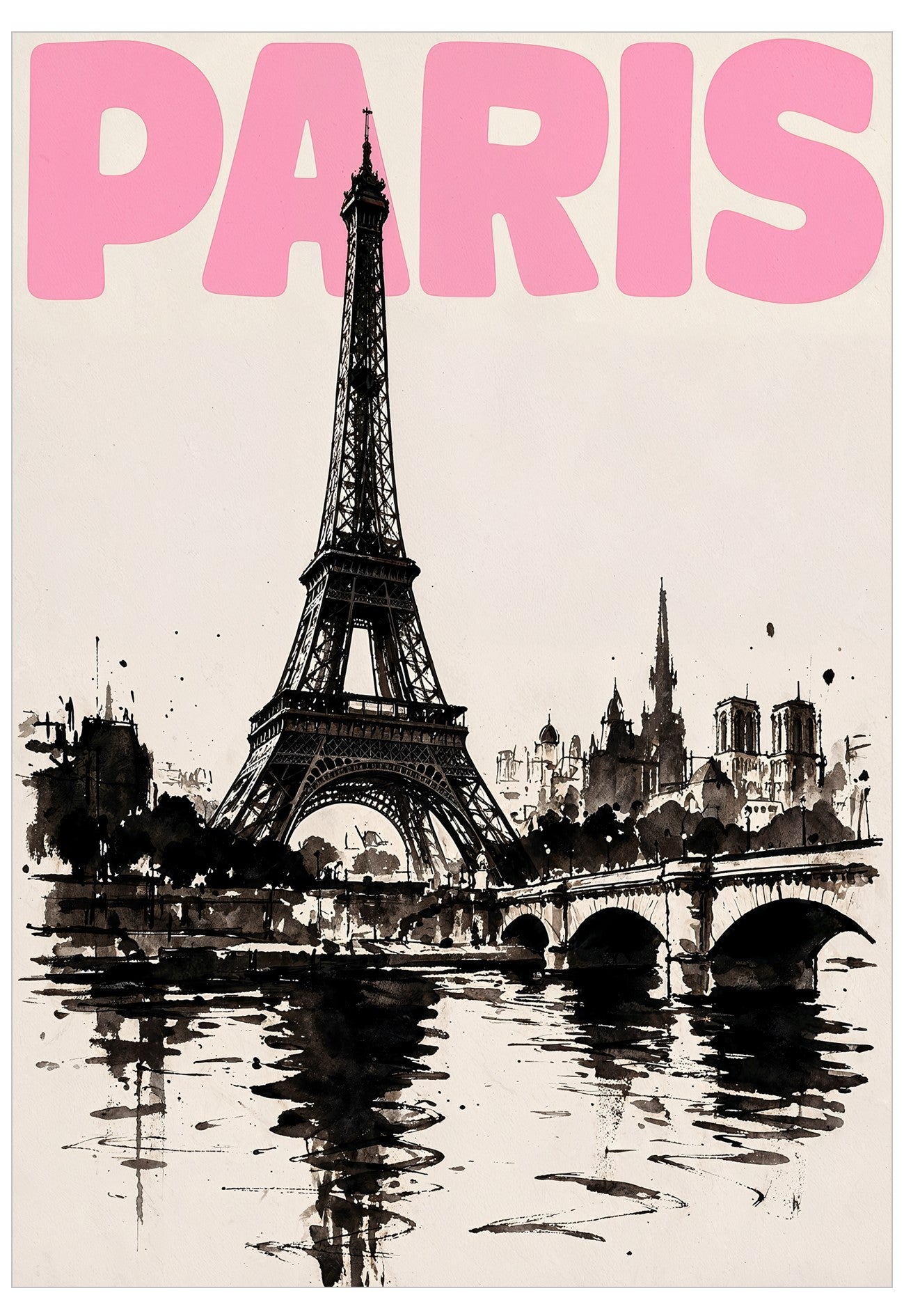 A Paris travel poster featuring a black ink sketch of the Eiffel Tower, city skyline, bridge, and water reflections, with the word "PARIS" in large pink letters across the top.
