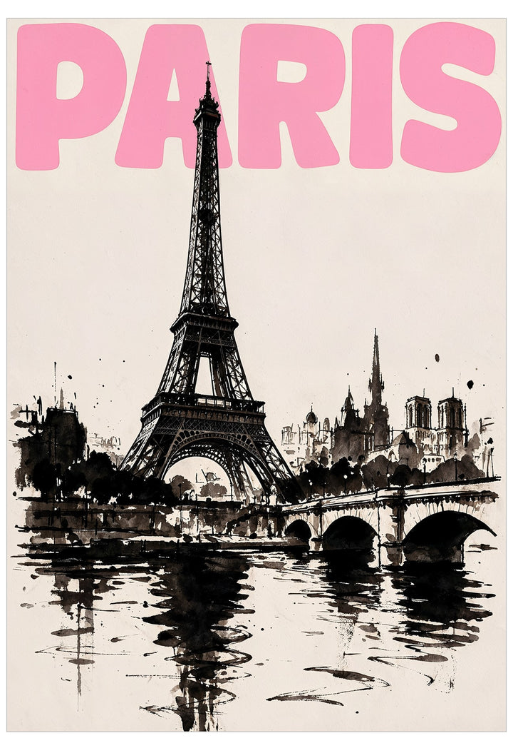 A Paris travel poster featuring a black ink sketch of the Eiffel Tower, city skyline, bridge, and water reflections, with the word "PARIS" in large pink letters across the top.