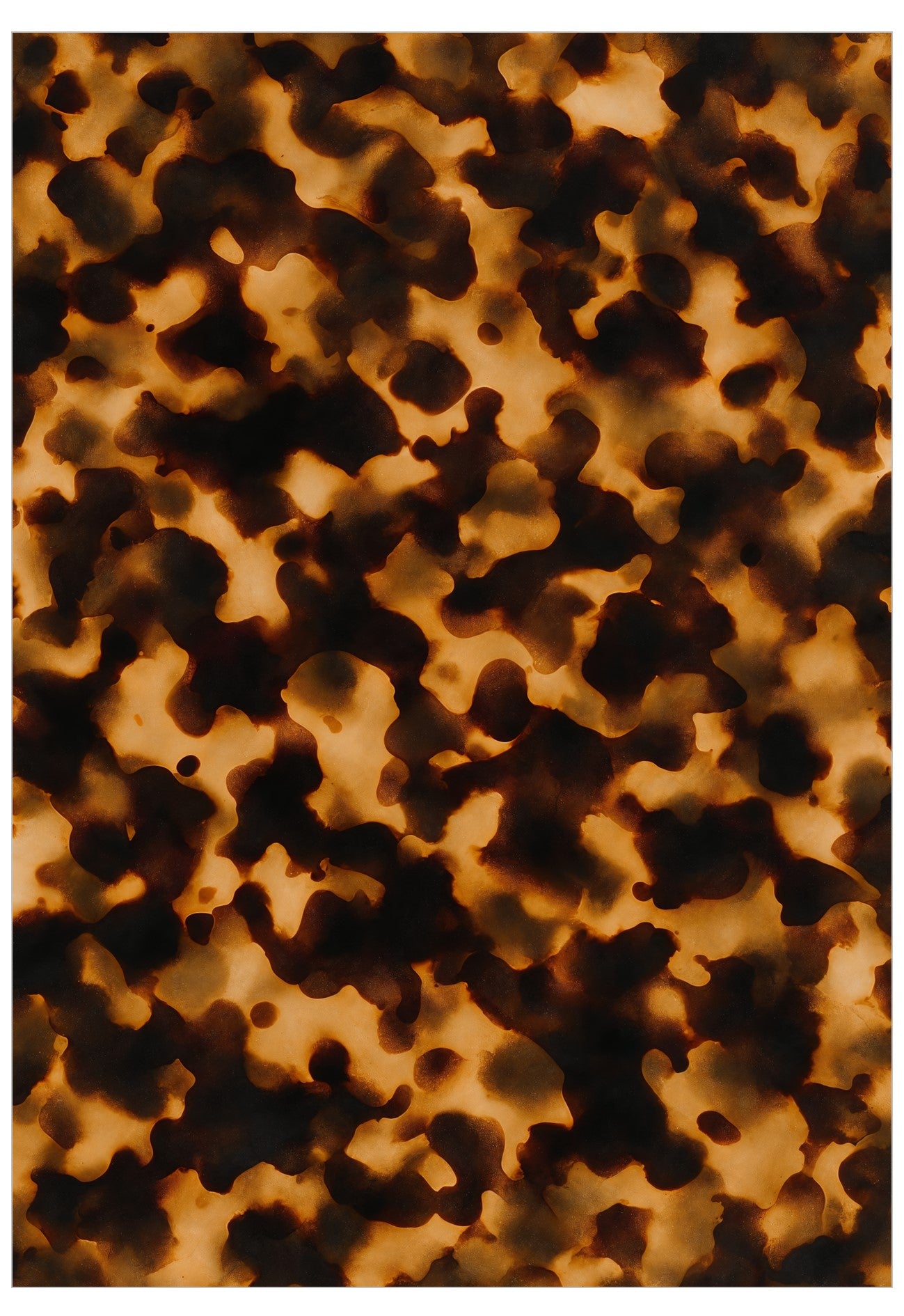 A close-up of a tortoiseshell pattern with irregular dark brown and amber-brown patches on a warm tan background.