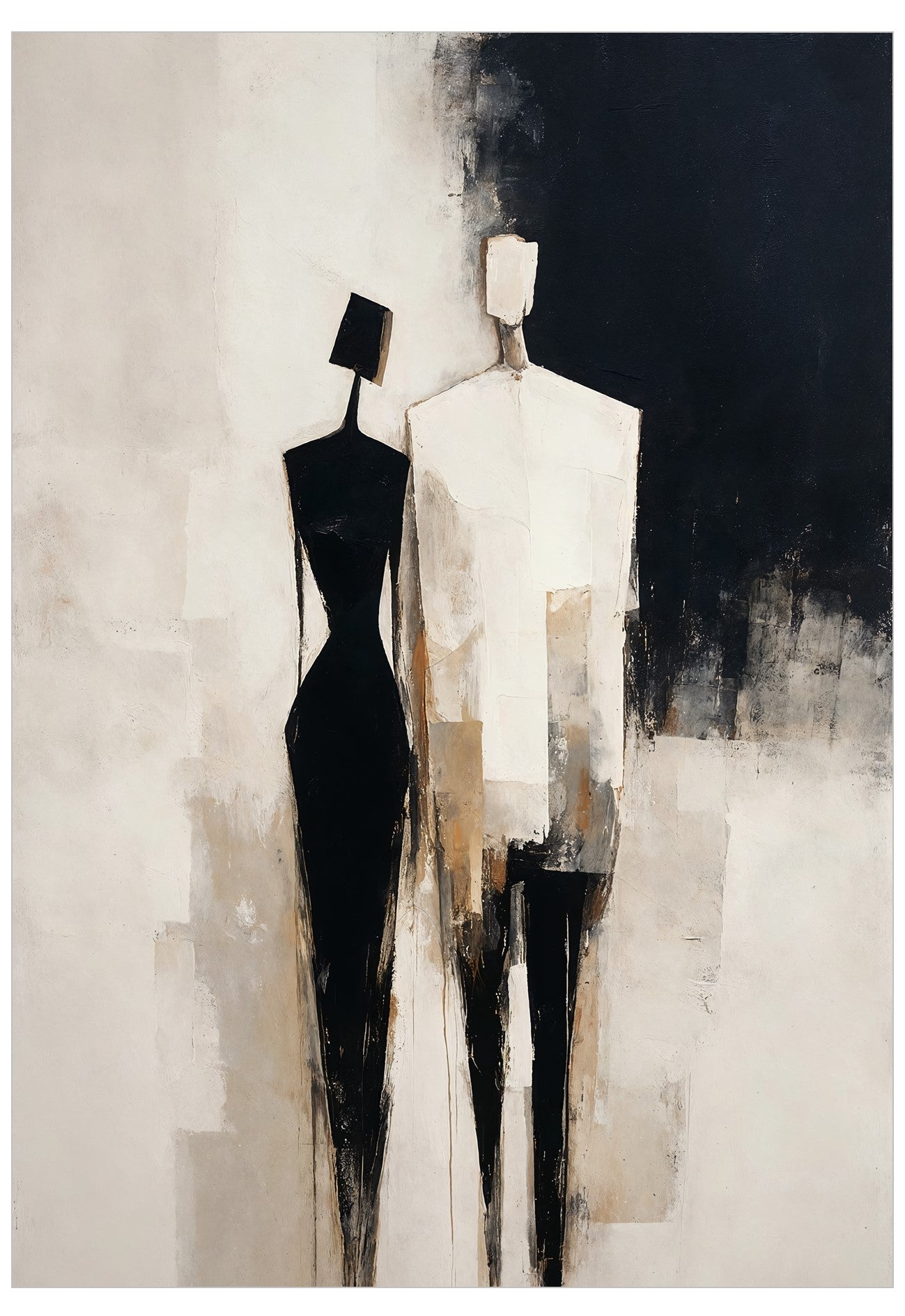Abstract painting of two stylized human figures, one in black and one in off-white, standing against a textured background of black, beige, and gray.