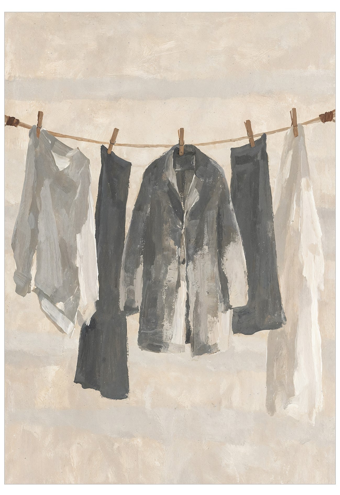 An artistic painting of several garments hanging on a clothesline with wooden clips against a textured beige background.