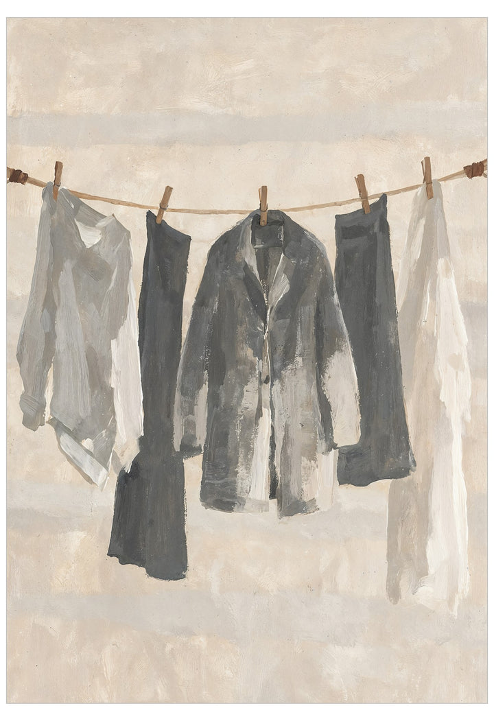 An artistic painting of several garments hanging on a clothesline with wooden clips against a textured beige background.