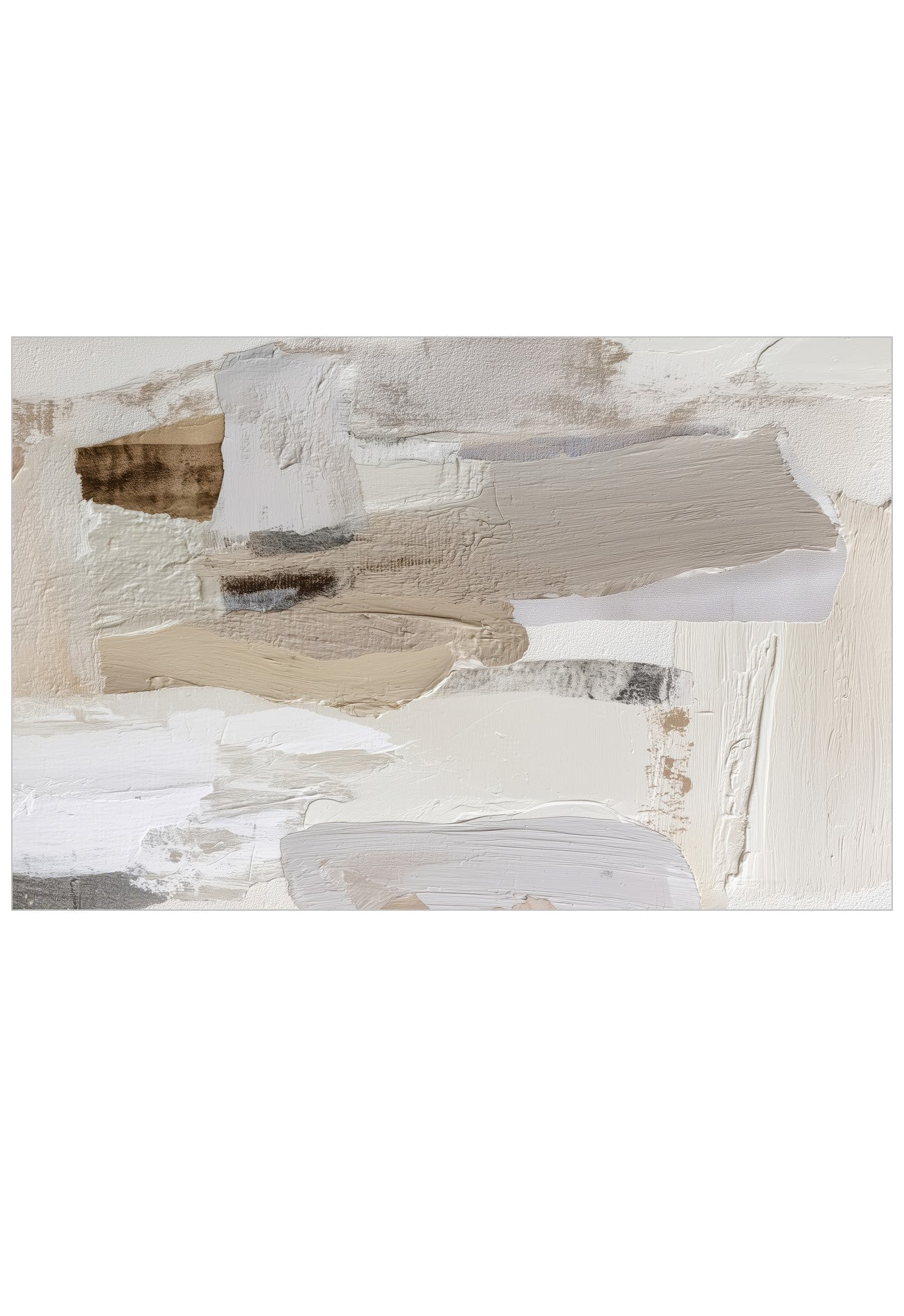 An abstract rectangular painting with layered thick brushstrokes in off-white, beige, gray, and small brown areas, shown against a white background.
