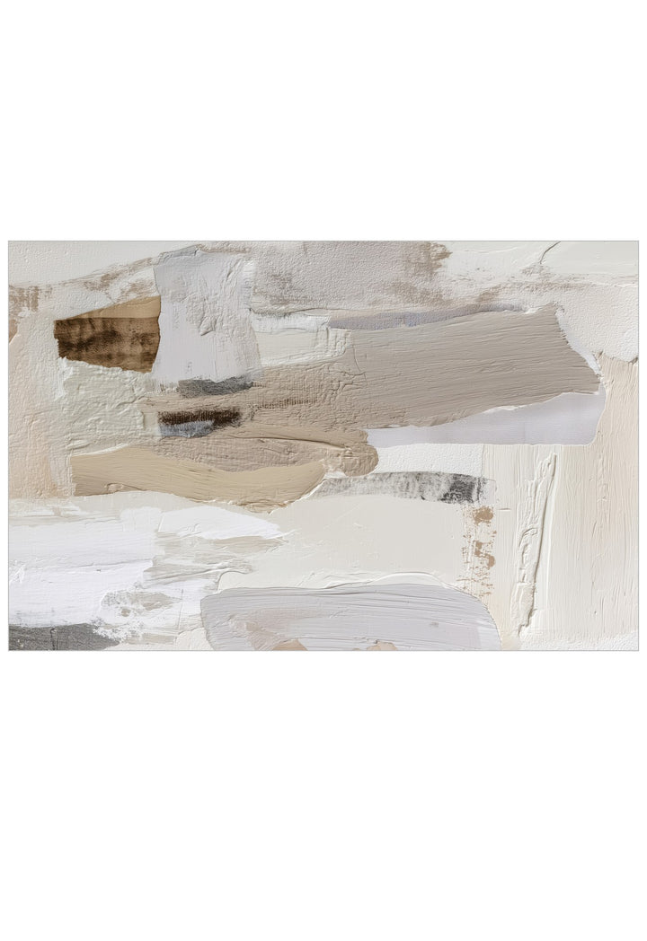 An abstract rectangular painting with layered thick brushstrokes in off-white, beige, gray, and small brown areas, shown against a white background.
