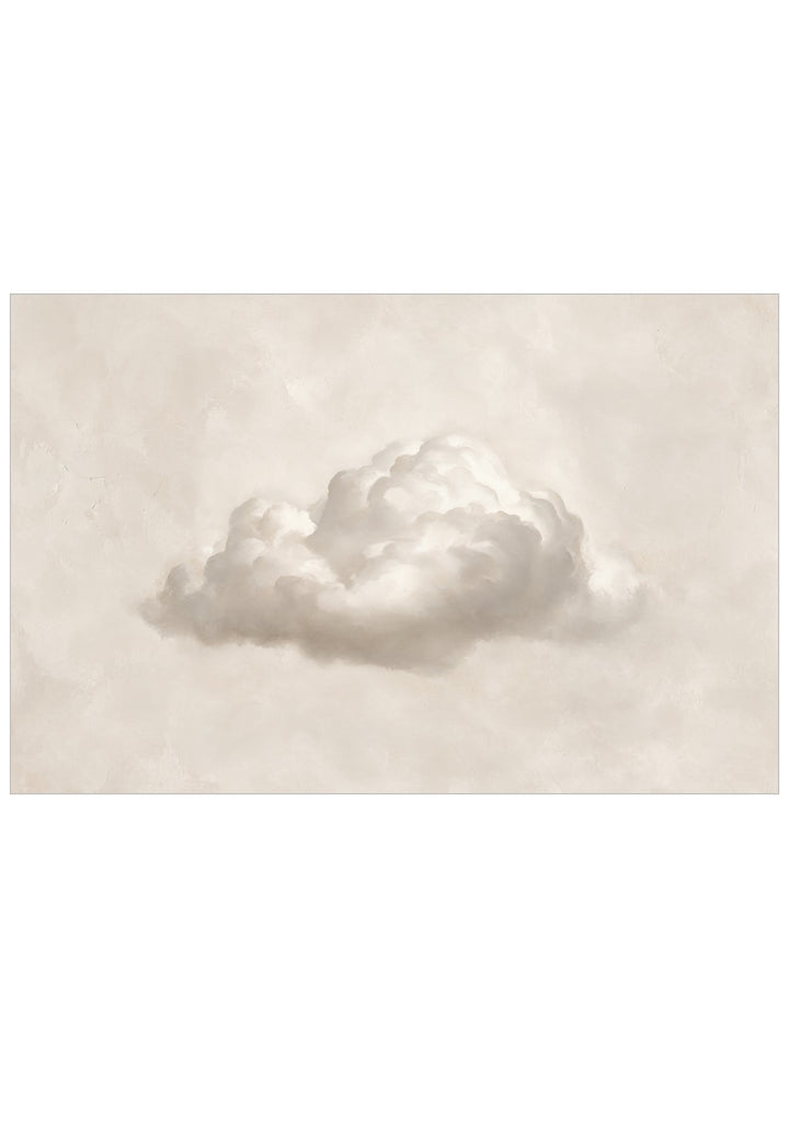 A square art print or canvas featuring a soft, textured beige background with a central fluffy white cloud, presented on a white background.