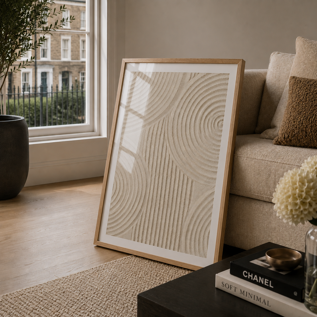 Framed abstract artwork on a coffee table in a living room setting