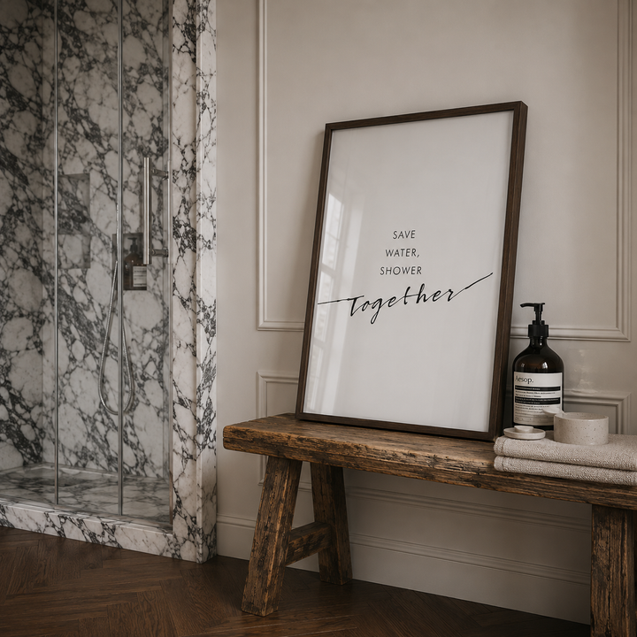 stylish typography poster in luxury marble bathroom