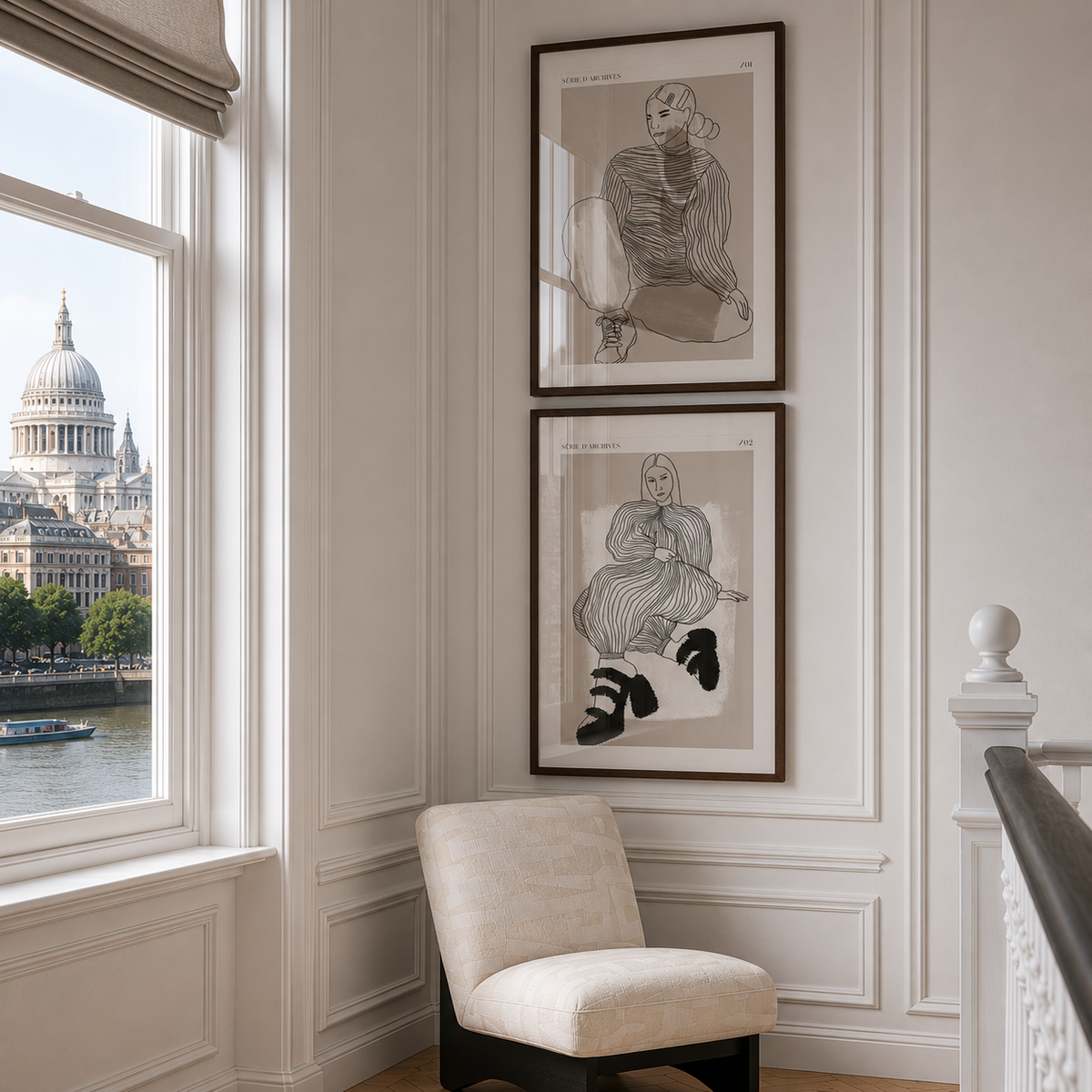 Neatly decorated room with framed artwork on a wall, featuring a cityscape view through a window.