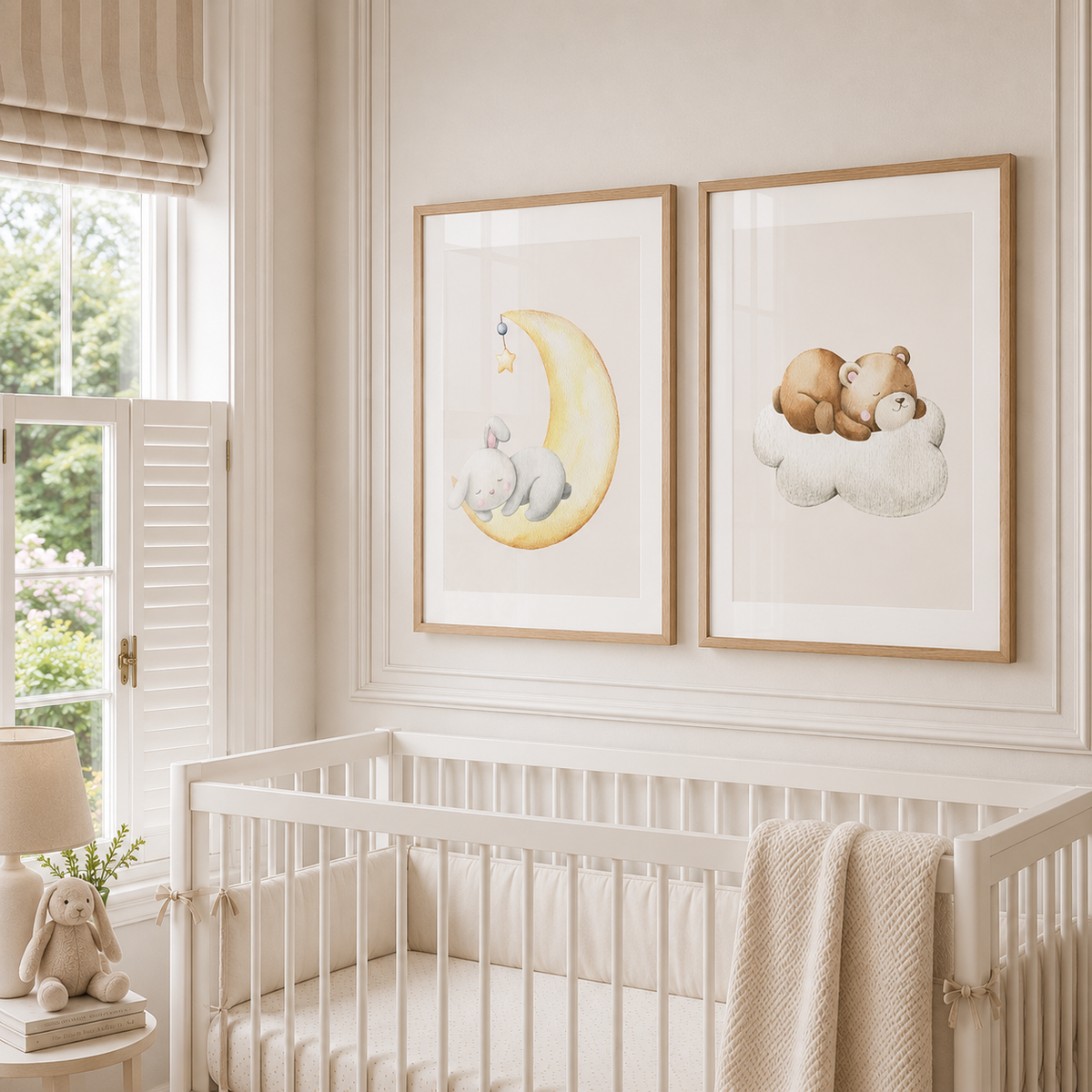 Two framed watercolor nursery art prints hanging on a cream wall above a white wooden crib. The left print shows a baby bunny sleeping on a yellow crescent moon, and the right print shows a teddy bear sleeping on a cloud.