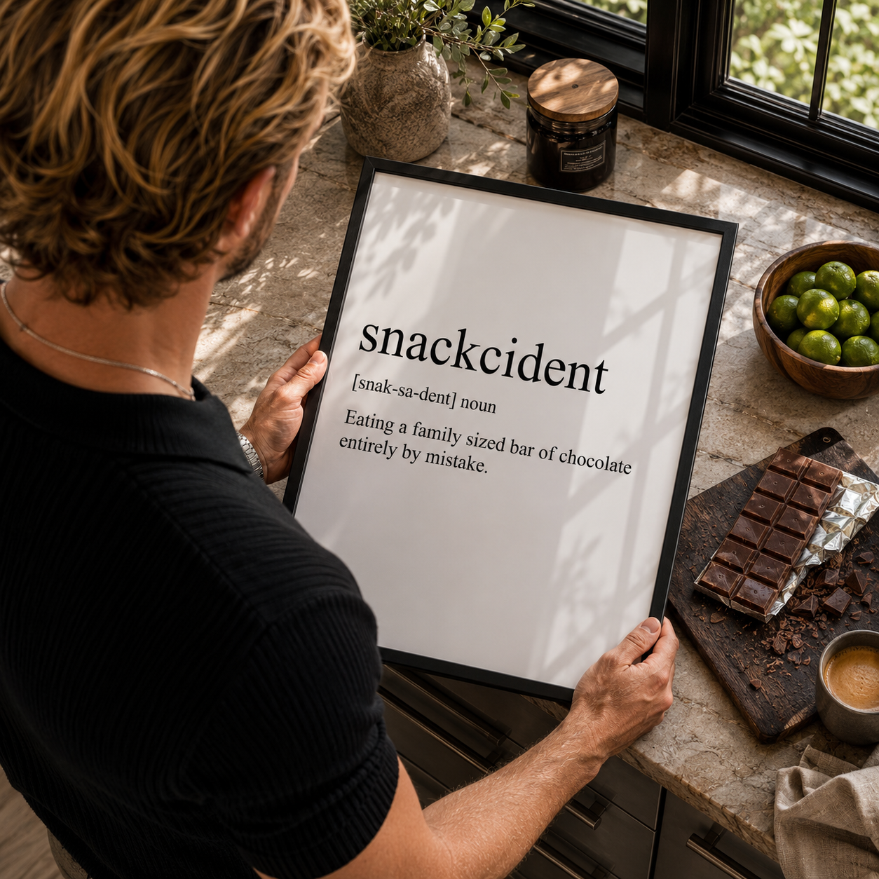 Person holding a framed definition of 'snackcident' with a chocolate bar and coffee on a table.