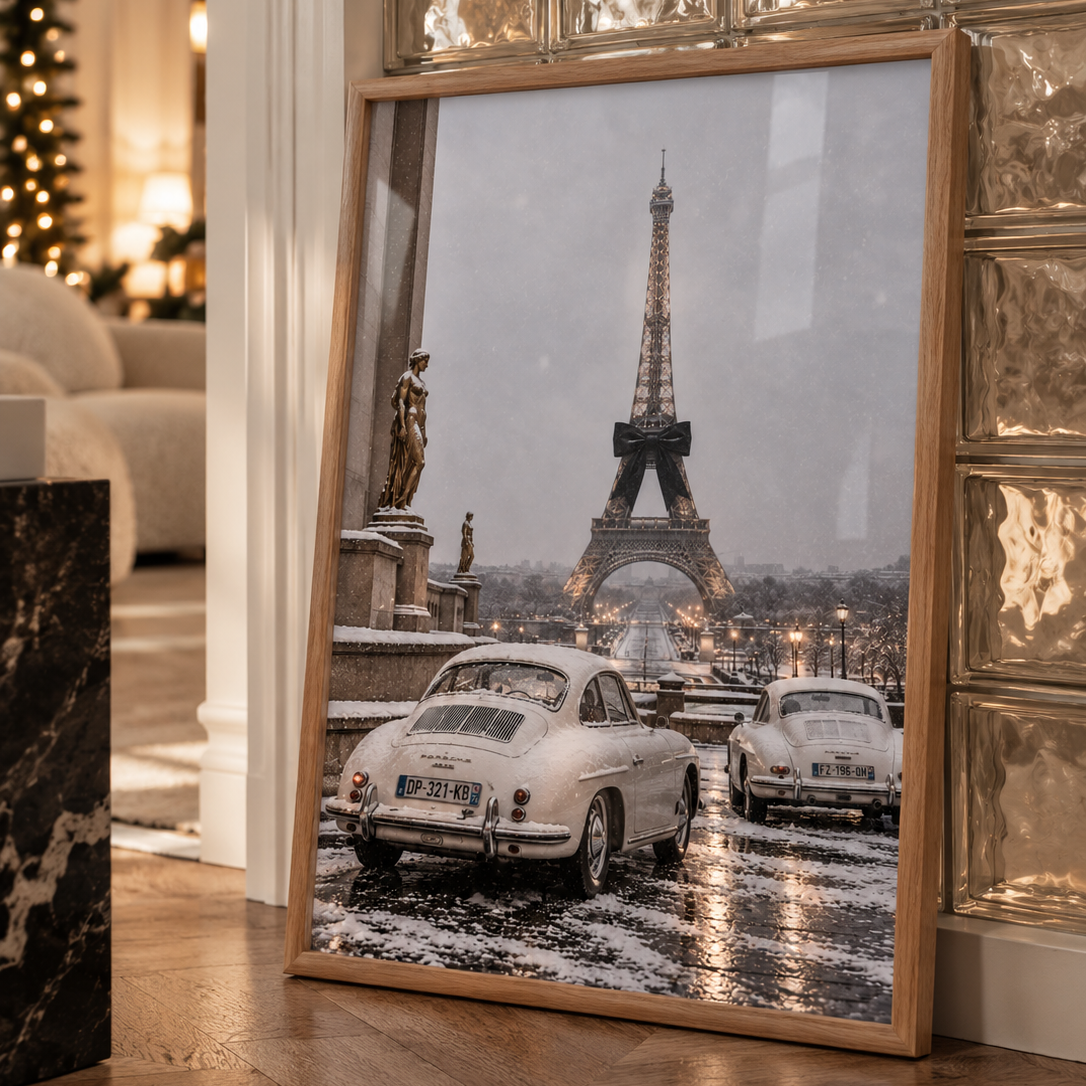 Luxury poster captures the Eiffel Tower from the Trocadero, adorned in a festive bow, surrounded by classic white vintage sports cars