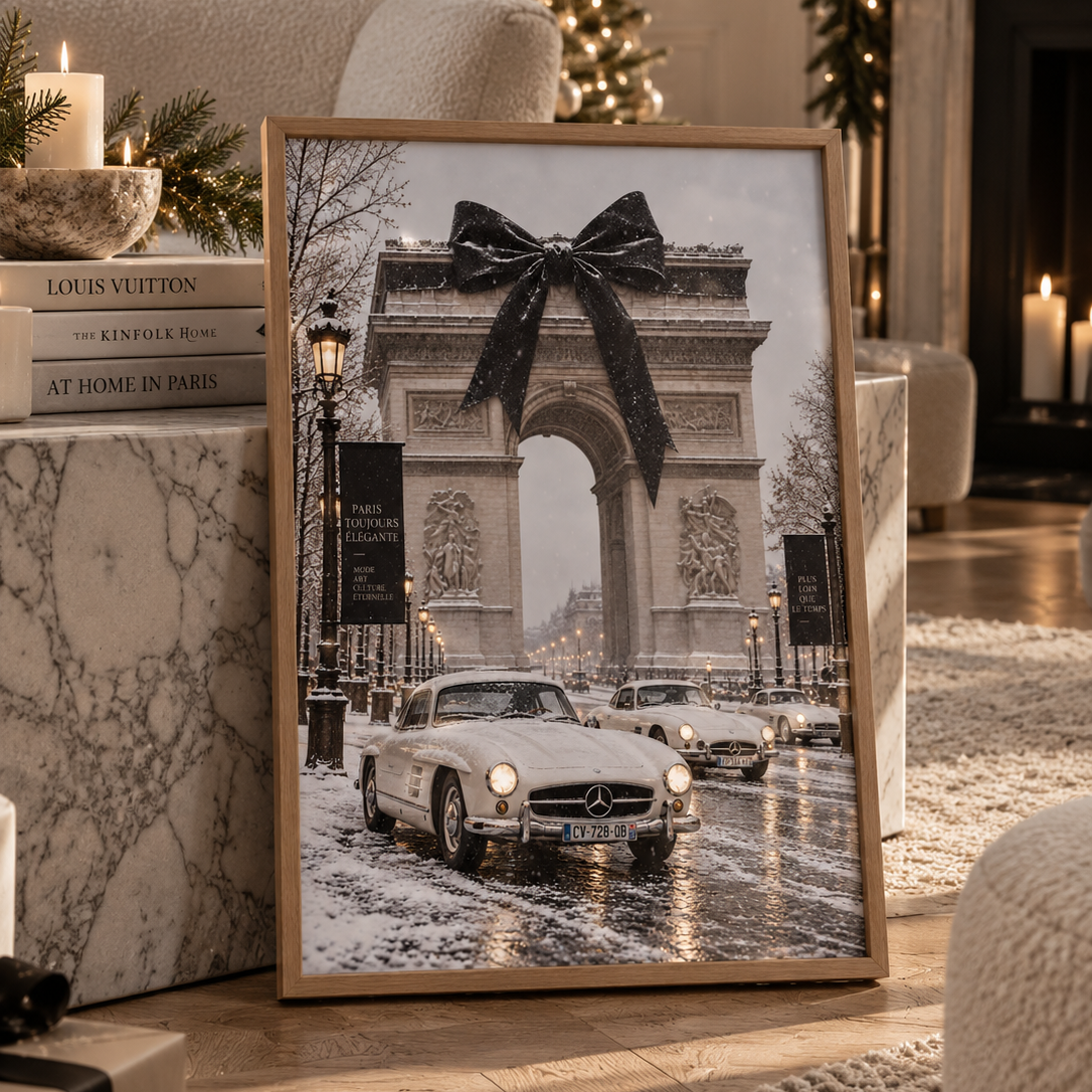 Vintage white Aston Martin DB5 parked beside London’s Tower Bridge in the snow, featuring a large black bow, festive lights and luxury winter photography.