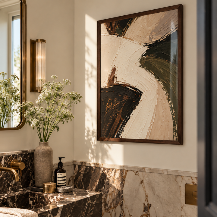 Abstract expressionist painting with thick impasto brushstrokes in cream, beige, black, olive green, and brown.