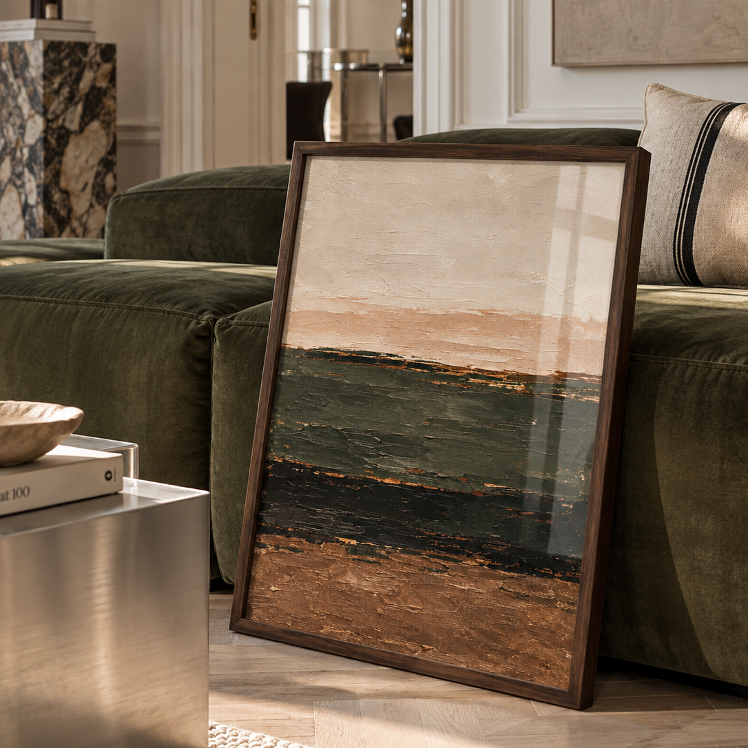 An abstract landscape painting featuring a textured sky in cream and peach tones, a dark green horizon band, a black lower section, and a brown foreground.