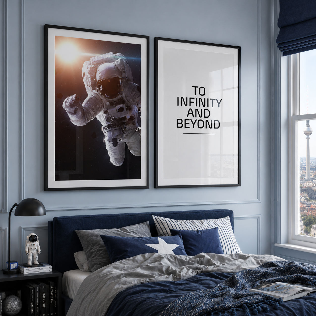 A styled bedroom interior with two framed wall art prints above a bed. The left print shows an astronaut floating in space, and the right print reads “TO INFINITY AND BEYOND” in black text on a white background.